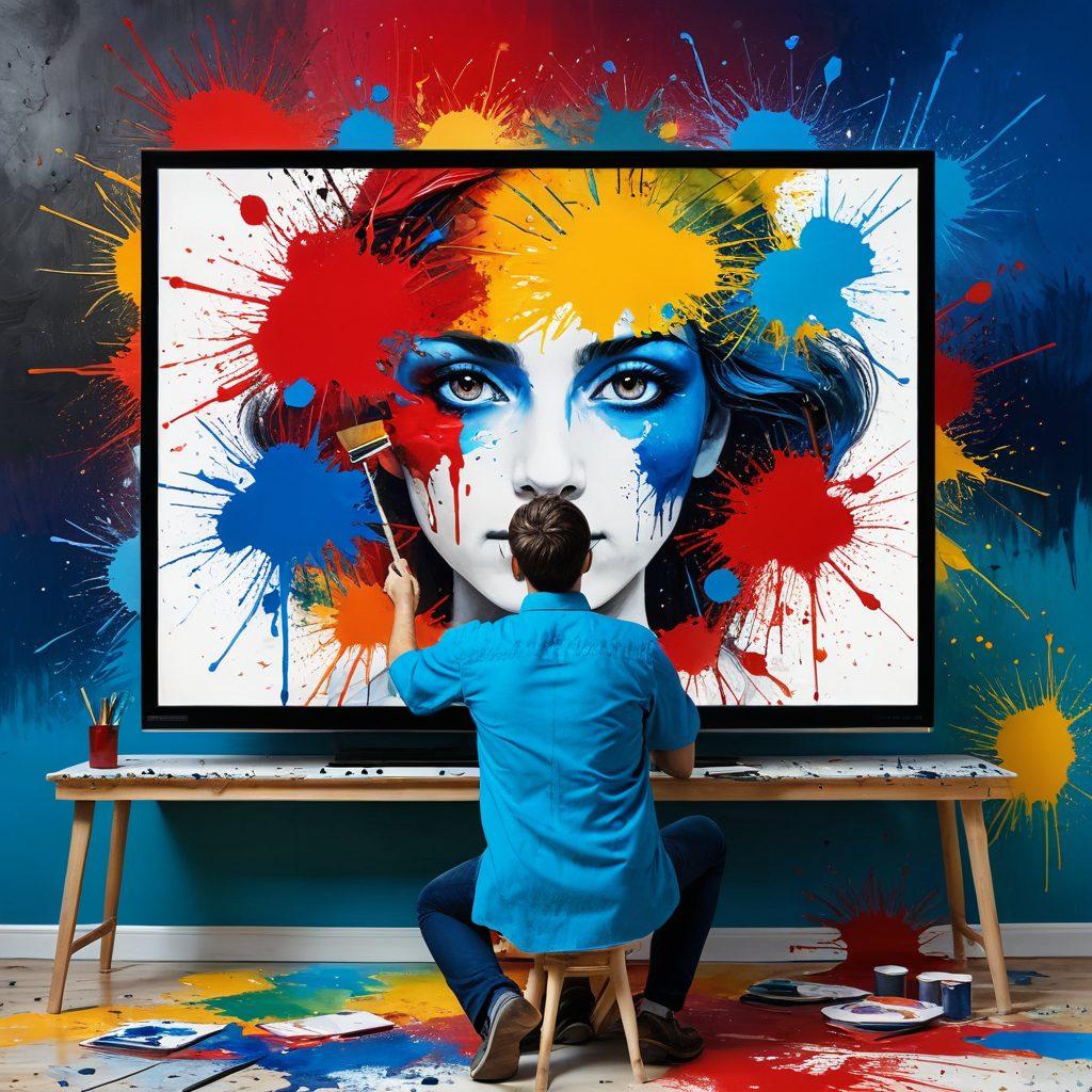 A vibrant collage showcasing a painter with a brush on one side, while a TV screen displays various artistic scenes on the other. Intertwine elements of paint splatters and film reels merging in the center, symbolizing the fusion of art and television. The background should be a gradient of colors to evoke creativity and inspiration. super-realistic. vibrant colors. dynamic composition.