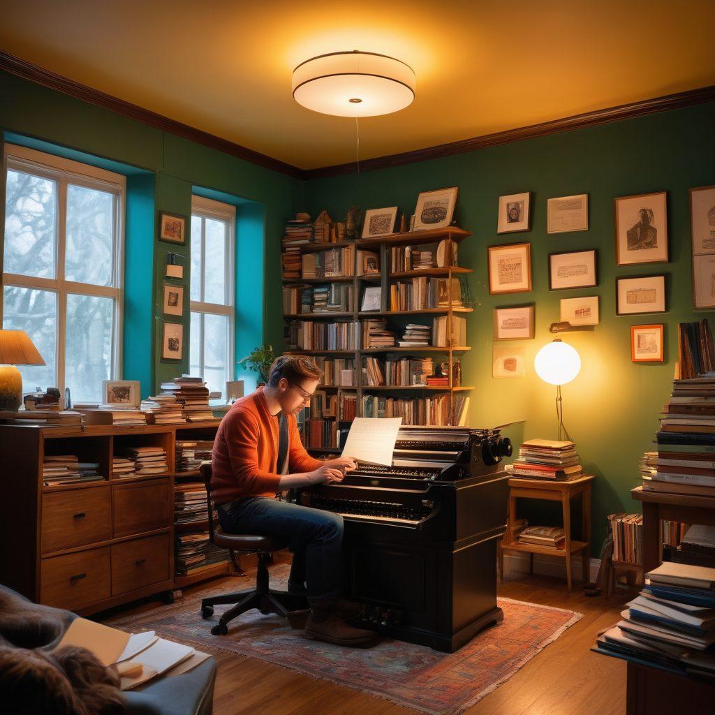 A dynamic scene depicting a writer deeply immersed in crafting a screenplay, surrounded by floating narrative elements like characters, dialogue bubbles, and vibrant scenes from different television genres. The setting features a cozy room filled with books, a typewriter, and a glowing computer screen, symbolizing the convergence of traditional and modern writing. Light beams represent inspiration and creativity swirling around. whimsical style. bright colors. layered visual elements.